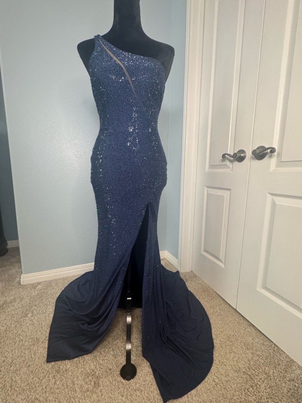 Navy Jovani One-Shoulder Sequin Gown Prom Hoco Evening Gala NWT 0 2